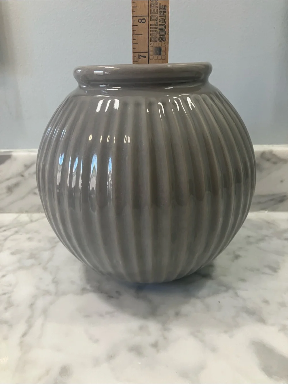 IKEA Gray Ribbed Ceramic Globe Vase 7in tall round ball stoneware
